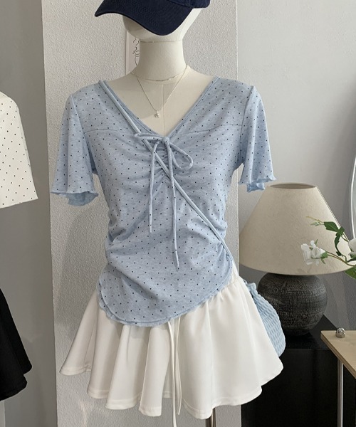 MELT(メルト)の「ドット柄シャーリングリボン半袖トップス/ハーフスリーブ(Tシャツ/カットソー・レディース・グレー/ホワイト・FREE)」の15枚目の写真