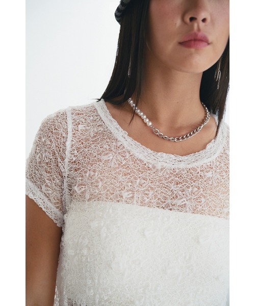 SOEMIN(ソミン)の「Lace s/s Tops/レース半袖トップス(Tシャツ/カットソー・レディース・チャコールグレー/ブラック/ホワイト・FREE)」の4枚目の写真