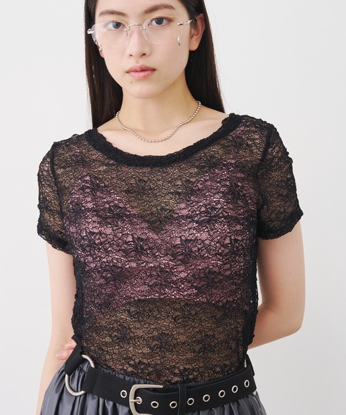 SOEMIN(ソミン)の「Lace s/s Tops/レース半袖トップス(Tシャツ/カットソー・レディース・チャコールグレー/ブラック/ホワイト・FREE)」の15枚目の写真