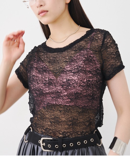 SOEMIN(ソミン)の「Lace s/s Tops/レース半袖トップス(Tシャツ/カットソー・レディース・チャコールグレー/ブラック/ホワイト・FREE)」の16枚目の写真
