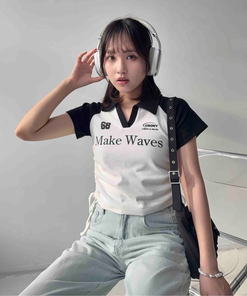 AS KNOW AS plus(アズノゥアズプラス)の「〇クロップド丈 襟付きサイドリボン結び リブVネックTシャツ(Tシャツ/カットソー・レディース・ブラック/ネイビー/カモフラージュ/ブラウン・FREE)」の5枚目の写真