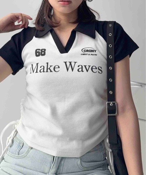 AS KNOW AS plus(アズノゥアズプラス)の「〇クロップド丈 襟付きサイドリボン結び リブVネックTシャツ(Tシャツ/カットソー・レディース・ブラック/ネイビー/カモフラージュ/ブラウン・FREE)」の7枚目の写真
