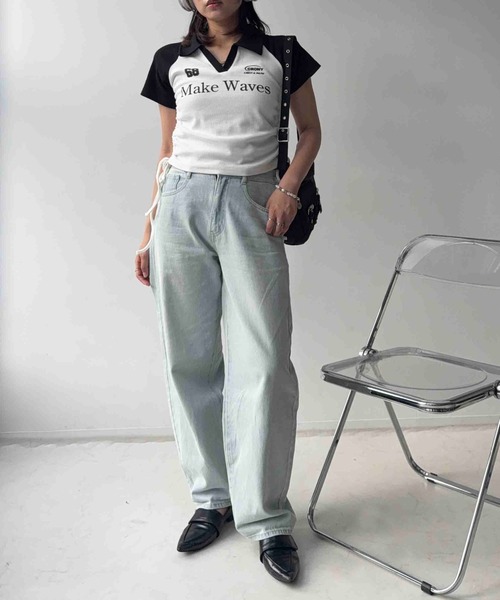 AS KNOW AS plus(アズノゥアズプラス)の「〇クロップド丈 襟付きサイドリボン結び リブVネックTシャツ(Tシャツ/カットソー・レディース・ブラック/ネイビー/カモフラージュ/ブラウン・FREE)」の10枚目の写真