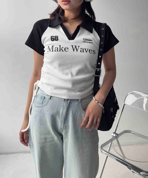 AS KNOW AS plus(アズノゥアズプラス)の「〇クロップド丈 襟付きサイドリボン結び リブVネックTシャツ(Tシャツ/カットソー・レディース・ブラック/ネイビー/カモフラージュ/ブラウン・FREE)」の8枚目の写真