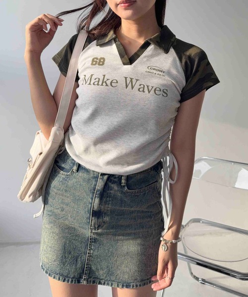 AS KNOW AS plus(アズノゥアズプラス)の「〇クロップド丈 襟付きサイドリボン結び リブVネックTシャツ(Tシャツ/カットソー・レディース・ブラック/ネイビー/カモフラージュ/ブラウン・FREE)」の12枚目の写真