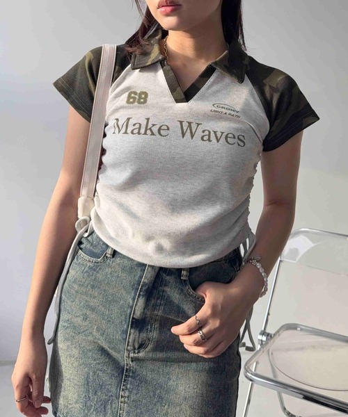 AS KNOW AS plus(アズノゥアズプラス)の「〇クロップド丈 襟付きサイドリボン結び リブVネックTシャツ(Tシャツ/カットソー・レディース・ブラック/ネイビー/カモフラージュ/ブラウン・FREE)」の13枚目の写真