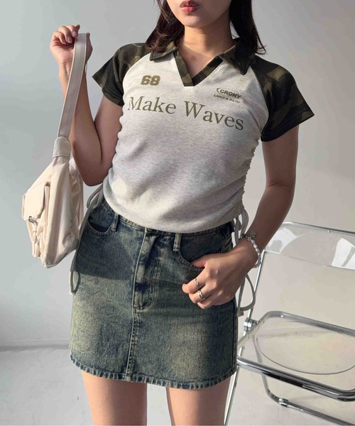 AS KNOW AS plus(アズノゥアズプラス)の「〇クロップド丈 襟付きサイドリボン結び リブVネックTシャツ(Tシャツ/カットソー・レディース・ブラック/ネイビー/カモフラージュ/ブラウン・FREE)」の15枚目の写真