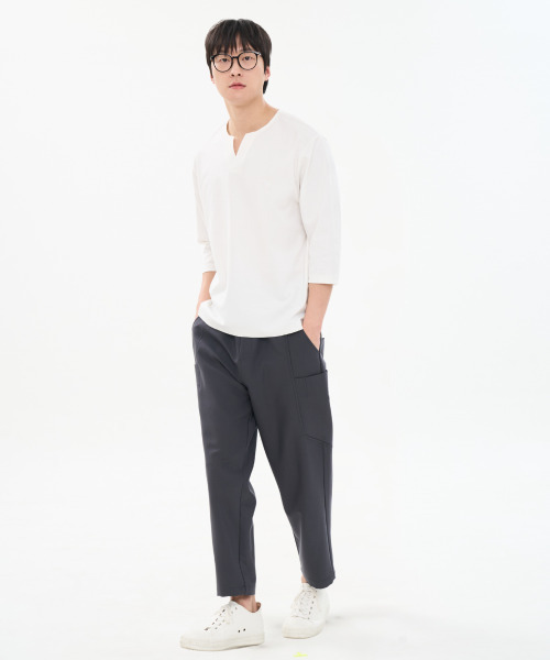 CUSTOMUS(カスタムアース)の「男性 綿強撚 分釦 ラウンド Vネック 7部 Tシャツ 夏 出勤ルック CXS26MKRT302 アイビー(Tシャツ/カットソー・メンズ・アイボリー・X-LARGE/LARGE/MEDIUM)」の2枚目の写真