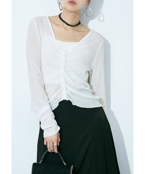 Fashion Letter（ファッションレター）の「フロントギャザー シアーテレコカーディガン（カーディガン/ボレロ・レディース・チャコール/オフホワイト/イエロー/ブラック・M）」の2枚目の写真