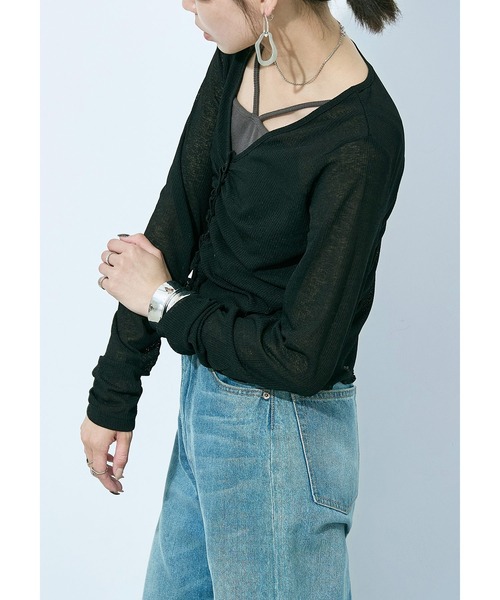 Fashion Letter（ファッションレター）の「フロントギャザー シアーテレコカーディガン（カーディガン/ボレロ・レディース・チャコール/オフホワイト/イエロー/ブラック・M）」の22枚目の写真