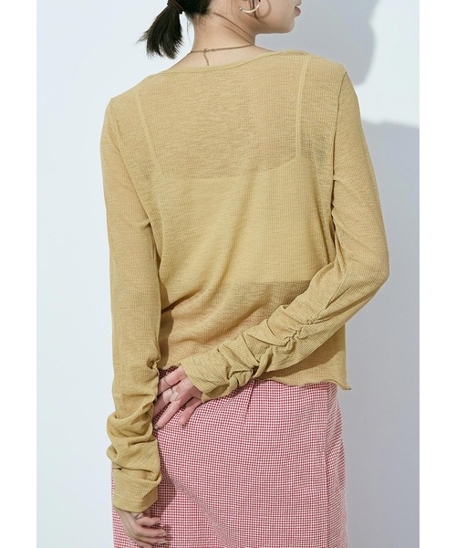 Fashion Letter（ファッションレター）の「フロントギャザー シアーテレコカーディガン（カーディガン/ボレロ・レディース・チャコール/オフホワイト/イエロー/ブラック・M）」の14枚目の写真