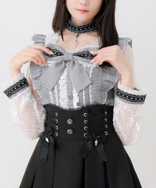 DearMyLove(ディアマイラブ)の「チョーカー付き十字架スタッズリボンレース袖フリルブラウス(シャツ/ブラウス・レディース・ブラック/グレー/パープル・MEDIUM/3L/LARGE)」の3枚目の写真