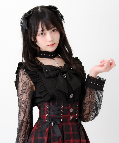 DearMyLove(ディアマイラブ)の「チョーカー付き十字架スタッズリボンレース袖フリルブラウス(シャツ/ブラウス・レディース・ブラック/グレー/パープル・MEDIUM/3L/LARGE)」の4枚目の写真