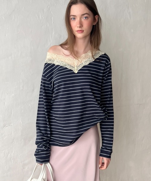 GIUNON(ジウノン)の「2way border lace tops / 2wayボーダーレーストップス(Tシャツ/カットソー・レディース・ネイビー/ブルー/グレー/ブラウン・FREE)」の3枚目の写真