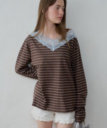 GIUNON（ジウノン）の「2way border lace tops   2wayボーダーレーストップス（Tシャツ/カットソー）」