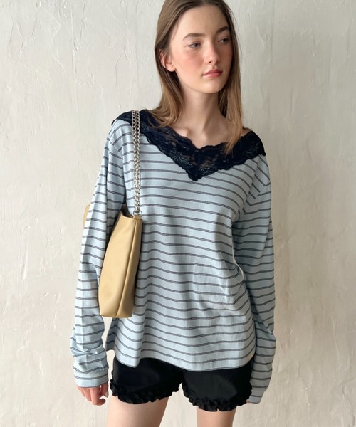 GIUNON(ジウノン)の「2way border lace tops / 2wayボーダーレーストップス(Tシャツ/カットソー・レディース・ネイビー/ブルー/グレー/ブラウン・FREE)」の4枚目の写真