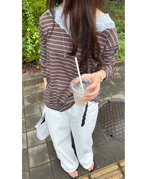 GIUNON(ジウノン)の「2way border lace tops / 2wayボーダーレーストップス(Tシャツ/カットソー・レディース・ネイビー/ブルー/グレー/ブラウン・FREE)」の11枚目の写真