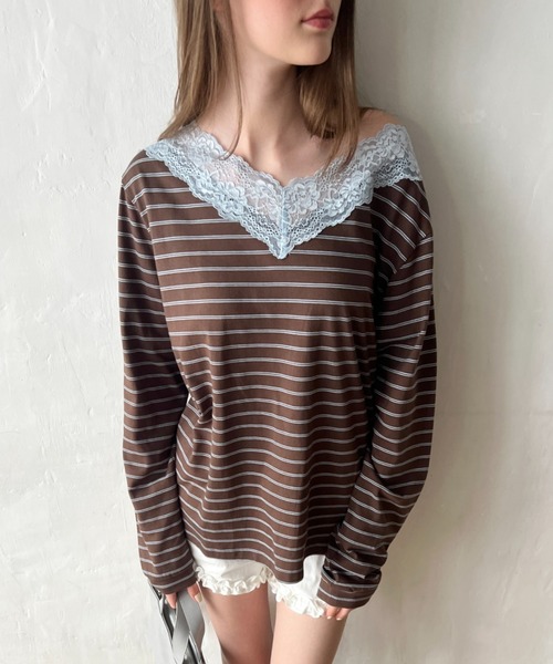 GIUNON(ジウノン)の「2way border lace tops / 2wayボーダーレーストップス(Tシャツ/カットソー・レディース・ネイビー/ブルー/グレー/ブラウン・FREE)」の14枚目の写真