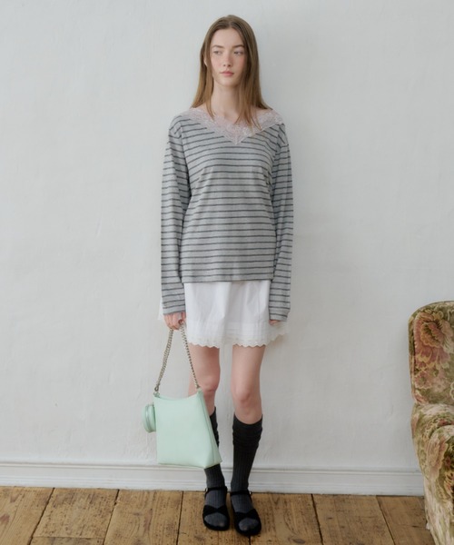 GIUNON(ジウノン)の「2way border lace tops / 2wayボーダーレーストップス(Tシャツ/カットソー・レディース・ネイビー/ブルー/グレー/ブラウン・FREE)」の16枚目の写真