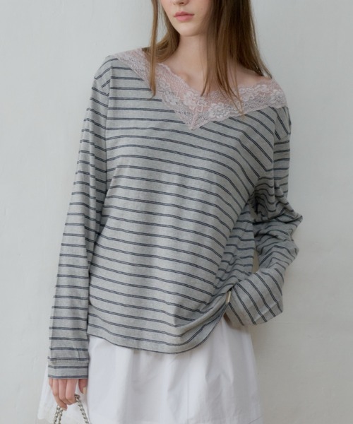 GIUNON(ジウノン)の「2way border lace tops / 2wayボーダーレーストップス(Tシャツ/カットソー・レディース・ネイビー/ブルー/グレー/ブラウン・FREE)」の15枚目の写真