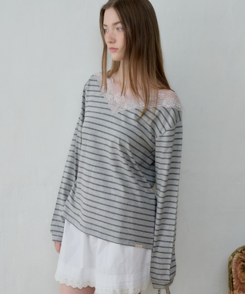 GIUNON(ジウノン)の「2way border lace tops / 2wayボーダーレーストップス(Tシャツ/カットソー・レディース・ネイビー/ブルー/グレー/ブラウン・FREE)」の19枚目の写真