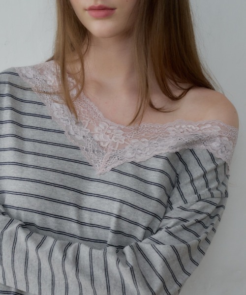 GIUNON(ジウノン)の「2way border lace tops / 2wayボーダーレーストップス(Tシャツ/カットソー・レディース・ネイビー/ブルー/グレー/ブラウン・FREE)」の20枚目の写真
