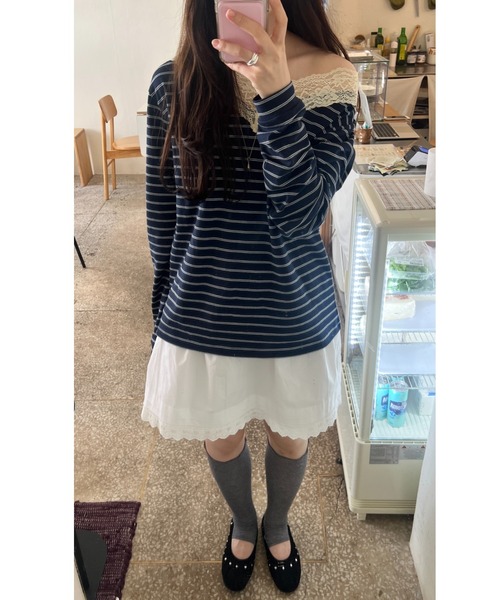 GIUNON(ジウノン)の「2way border lace tops / 2wayボーダーレーストップス(Tシャツ/カットソー・レディース・ネイビー/ブルー/グレー/ブラウン・FREE)」の10枚目の写真