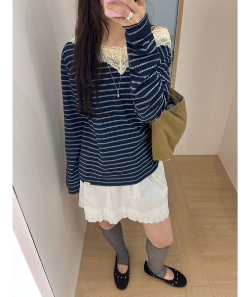 GIUNON(ジウノン)の「2way border lace tops / 2wayボーダーレーストップス(Tシャツ/カットソー・レディース・ネイビー/ブルー/グレー/ブラウン・FREE)」の8枚目の写真