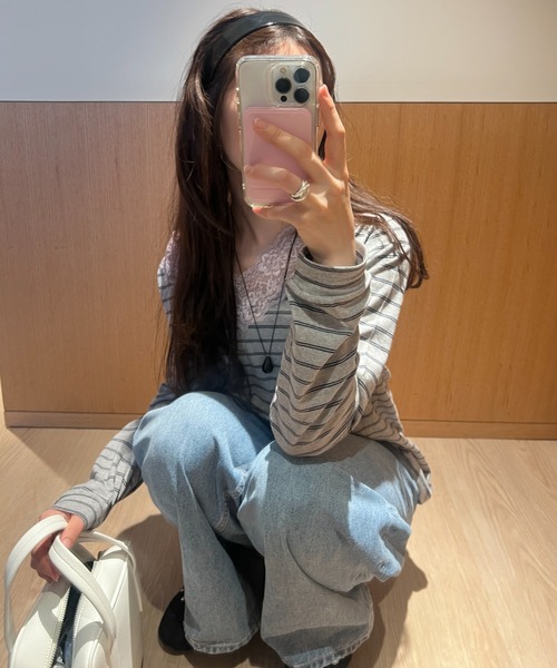 GIUNON(ジウノン)の「2way border lace tops / 2wayボーダーレーストップス(Tシャツ/カットソー・レディース・ネイビー/ブルー/グレー/ブラウン・FREE)」の13枚目の写真
