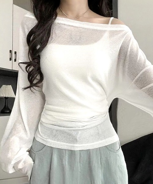 Miniministore(ミニミニストア)の「シアートップス ボートネック カットソー(Tシャツ/カットソー・レディース・ブラック/ピンク/ホワイト/ライトブルー・FREE)」の2枚目の写真