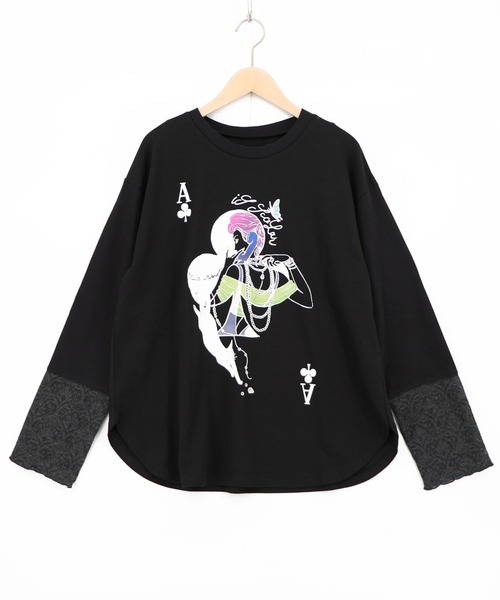 iS ScoLar（イズスカラー）の「563204：エース柄 袖シアー素材切替プルオーバー（Tシャツ/カットソー・レディース・オフホワイト/ブラック・M）」の2枚目の写真