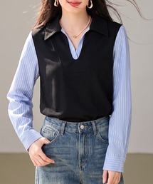 シャツ切替 フェイクレイヤード トップス
