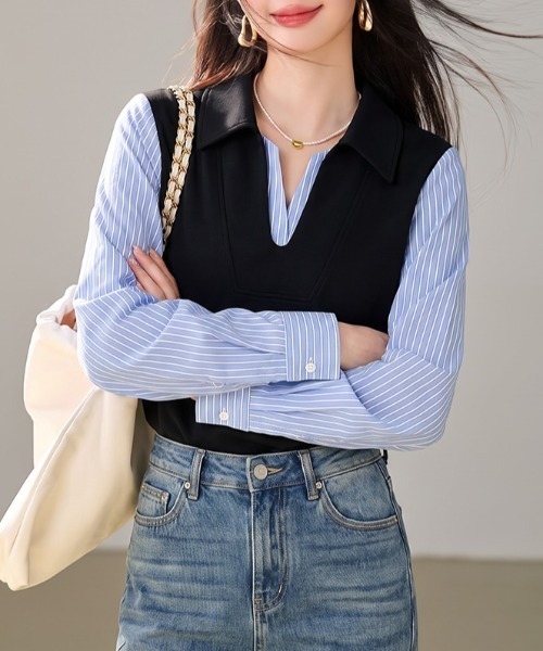 AMAJI(アマジ)の「シャツ切替 フェイクレイヤード トップス(シャツ/ブラウス・レディース・ライトブルー・X-LARGE/LARGE/MEDIUM/SMALL)」の2枚目の写真