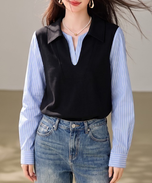 AMAJI(アマジ)の「シャツ切替 フェイクレイヤード トップス(シャツ/ブラウス・レディース・ライトブルー・X-LARGE/LARGE/MEDIUM/SMALL)」の3枚目の写真