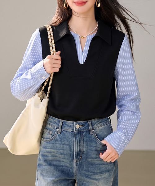 AMAJI(アマジ)の「シャツ切替 フェイクレイヤード トップス(シャツ/ブラウス・レディース・ライトブルー・X-LARGE/LARGE/MEDIUM/SMALL)」の4枚目の写真