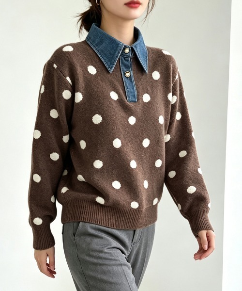 ONEP STAR（ワンピスター）の「ドット柄デニム襟切り替えニットプルオーバー（ニット/セーター・レディース・ブラック/ダークブラウン/ネイビー/グレー・FREE）」の13枚目の写真