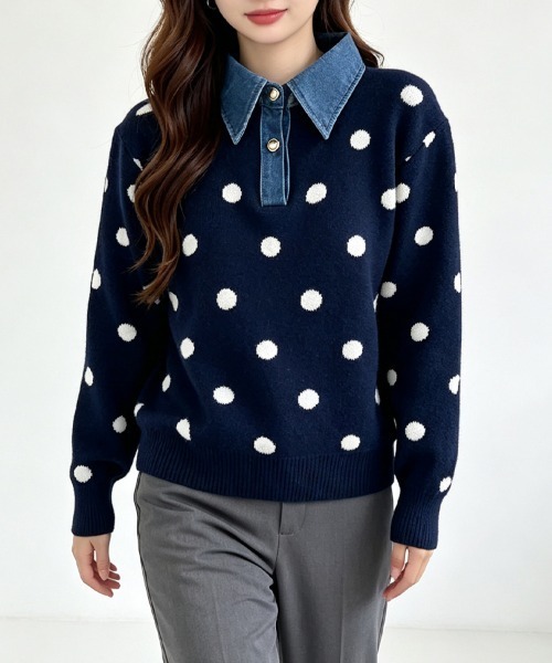 ONEP STAR（ワンピスター）の「ドット柄デニム襟切り替えニットプルオーバー（ニット/セーター・レディース・ブラック/ダークブラウン/ネイビー/グレー・FREE）」の7枚目の写真