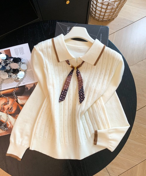 LUCPY(ラクピー)の「リボンタイ ポロカラーニットプルオーバー(その他トップス・レディース・ホワイト・LARGE/MEDIUM/SMALL)」の2枚目の写真