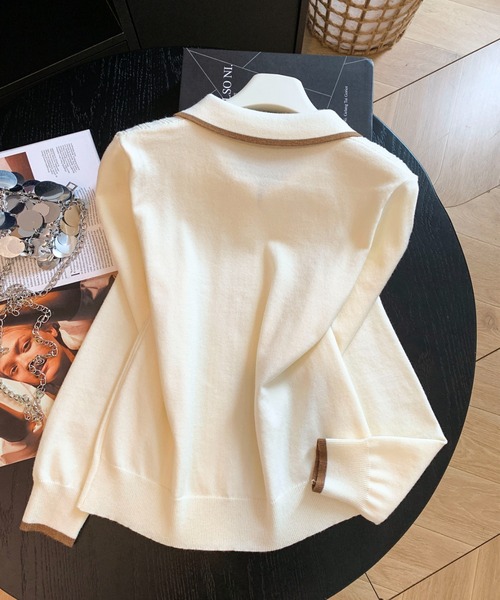 LUCPY(ラクピー)の「リボンタイ ポロカラーニットプルオーバー(その他トップス・レディース・ホワイト・LARGE/MEDIUM/SMALL)」の3枚目の写真