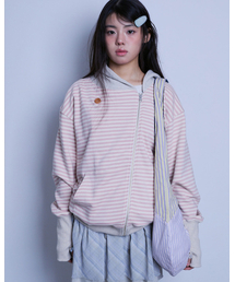 STRIPE UNBALANCED ZIPUP HOODIE (PINK)