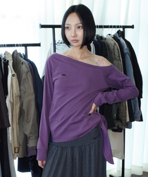アシンメトリーオフショルダー 斜め切り替え サイドストラップ 長袖Tシャツ パープル