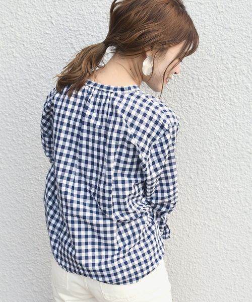SHIPS Days（シップスデイズ）の「SHIPS Days STANDARD:スキッパー チェックシャツ 19SS　◇（シャツ/ブラウス・レディース・ホワイト/ネイビー・S～Ｍ/M～Ｌ）」の7枚目の写真