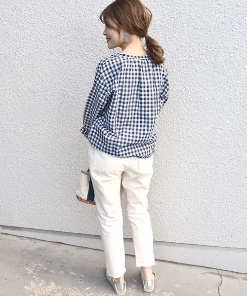 SHIPS Days（シップスデイズ）の「SHIPS Days STANDARD:スキッパー チェックシャツ 19SS　◇（シャツ/ブラウス・レディース・ホワイト/ネイビー・S～Ｍ/M～Ｌ）」の3枚目の写真