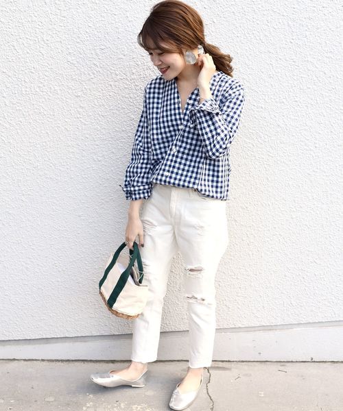 SHIPS Days（シップスデイズ）の「SHIPS Days STANDARD:スキッパー チェックシャツ 19SS　◇（シャツ/ブラウス・レディース・ホワイト/ネイビー・S～Ｍ/M～Ｌ）」の8枚目の写真