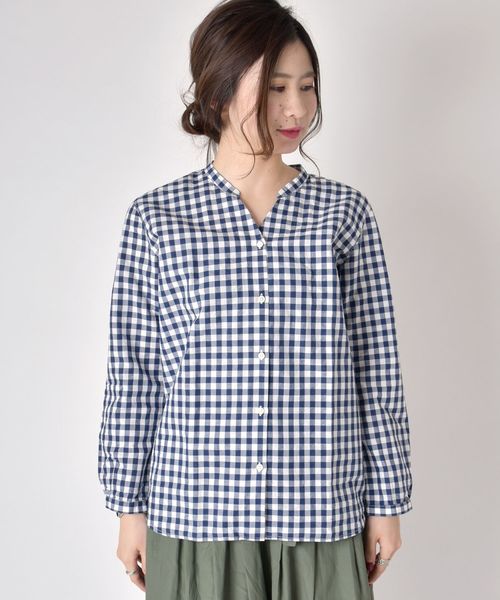 SHIPS Days（シップスデイズ）の「SHIPS Days STANDARD:スキッパー チェックシャツ 19SS　◇（シャツ/ブラウス・レディース・ホワイト/ネイビー・S～Ｍ/M～Ｌ）」の4枚目の写真