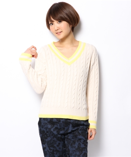 DISCOAT（ディスコート）の「【Discoat】ライン入りVネックプルオーバー（ニット/セーター・レディース・オフホワイト/ライトブルー/モカ・ﾌﾘ-）」の7枚目の写真