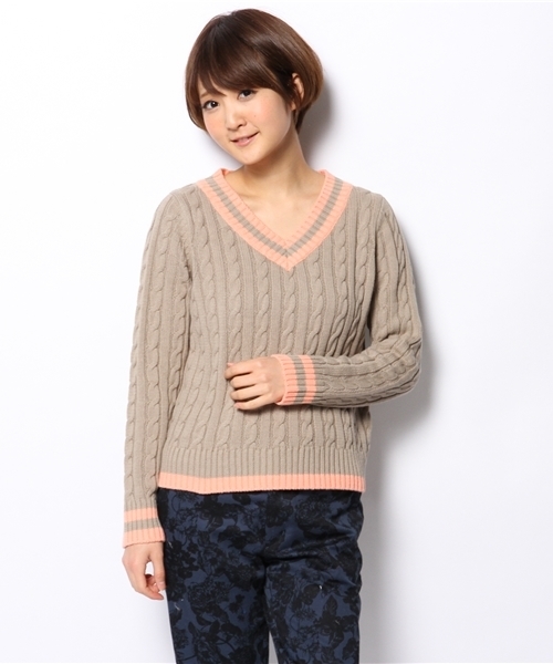 DISCOAT（ディスコート）の「【Discoat】ライン入りVネックプルオーバー（ニット/セーター・レディース・オフホワイト/ライトブルー/モカ・ﾌﾘ-）」の14枚目の写真