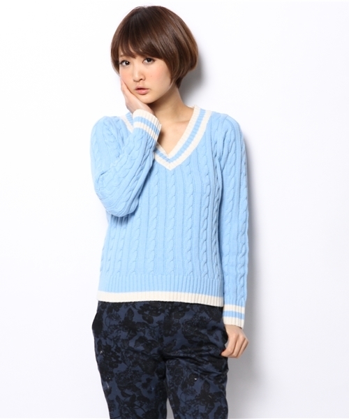 DISCOAT（ディスコート）の「【Discoat】ライン入りVネックプルオーバー（ニット/セーター・レディース・オフホワイト/ライトブルー/モカ・ﾌﾘ-）」の15枚目の写真