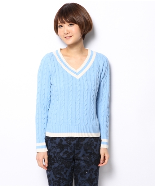 DISCOAT（ディスコート）の「【Discoat】ライン入りVネックプルオーバー（ニット/セーター・レディース・オフホワイト/ライトブルー/モカ・ﾌﾘ-）」の13枚目の写真