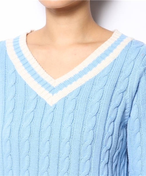 DISCOAT（ディスコート）の「【Discoat】ライン入りVネックプルオーバー（ニット/セーター・レディース・オフホワイト/ライトブルー/モカ・ﾌﾘ-）」の10枚目の写真